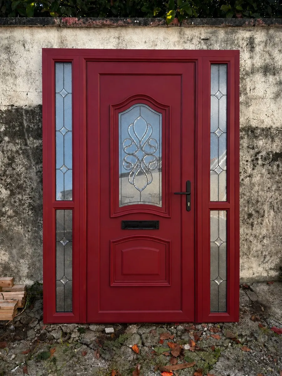 Beautiful UPVC Red Front Door With Side Glass - Image 1