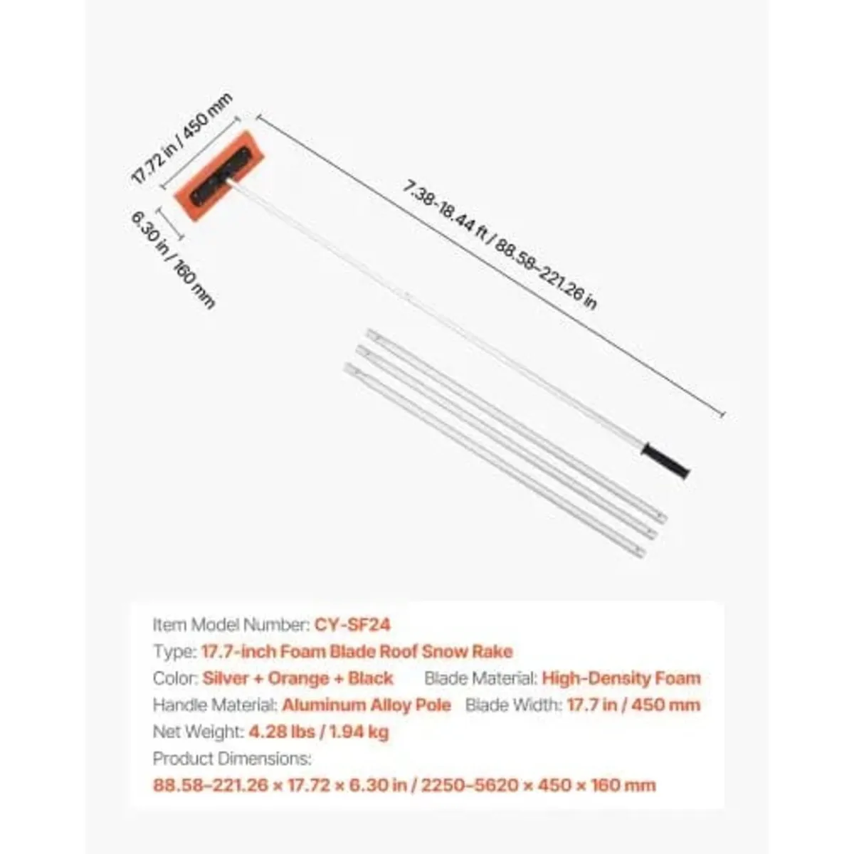 Snow Roof Rake, 45cm Foam Blade, 2.25-5.62 m Adjus - Image 4