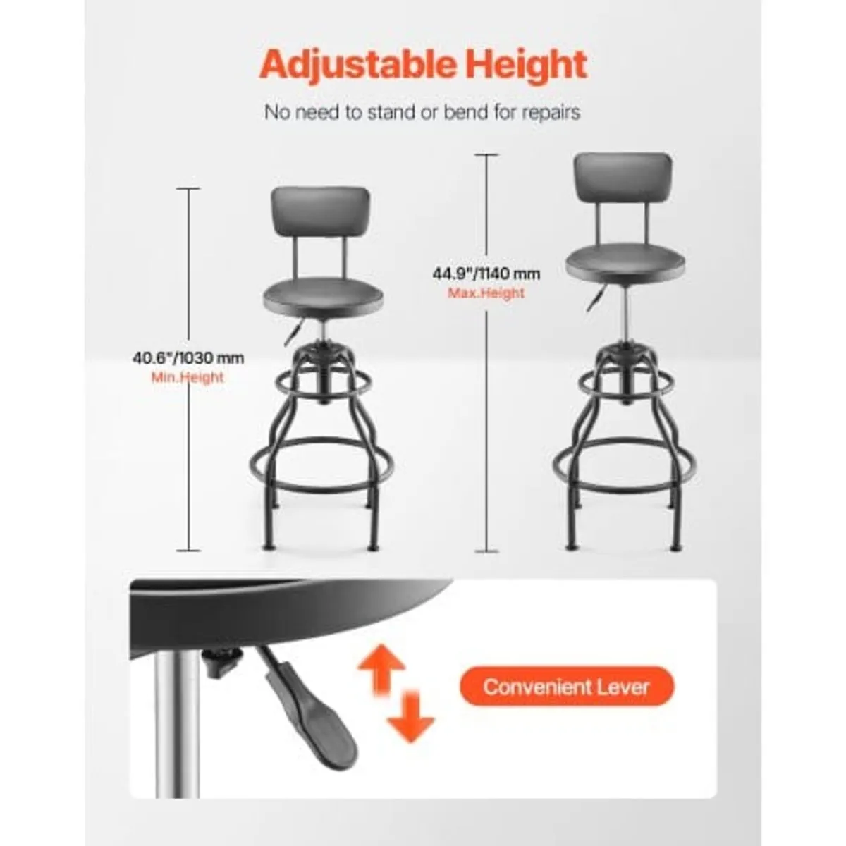 Shop Stool with Backrest, Pneumatic Garage Seat/Wo - Image 3