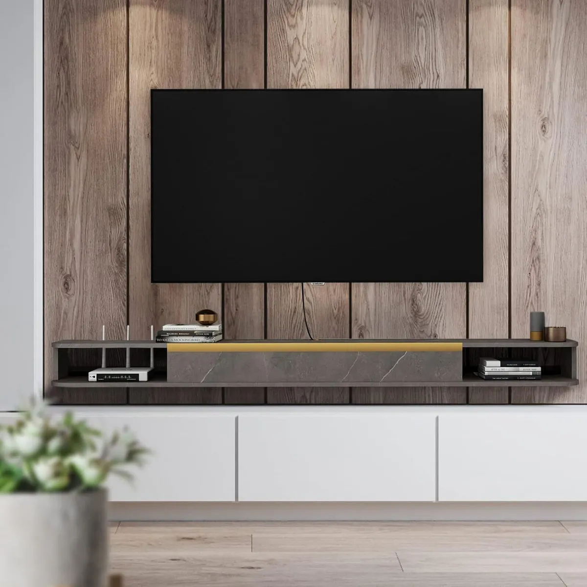 Floating TV Unit 47'' Wall Mounted Cabinet Shelves - Image 3