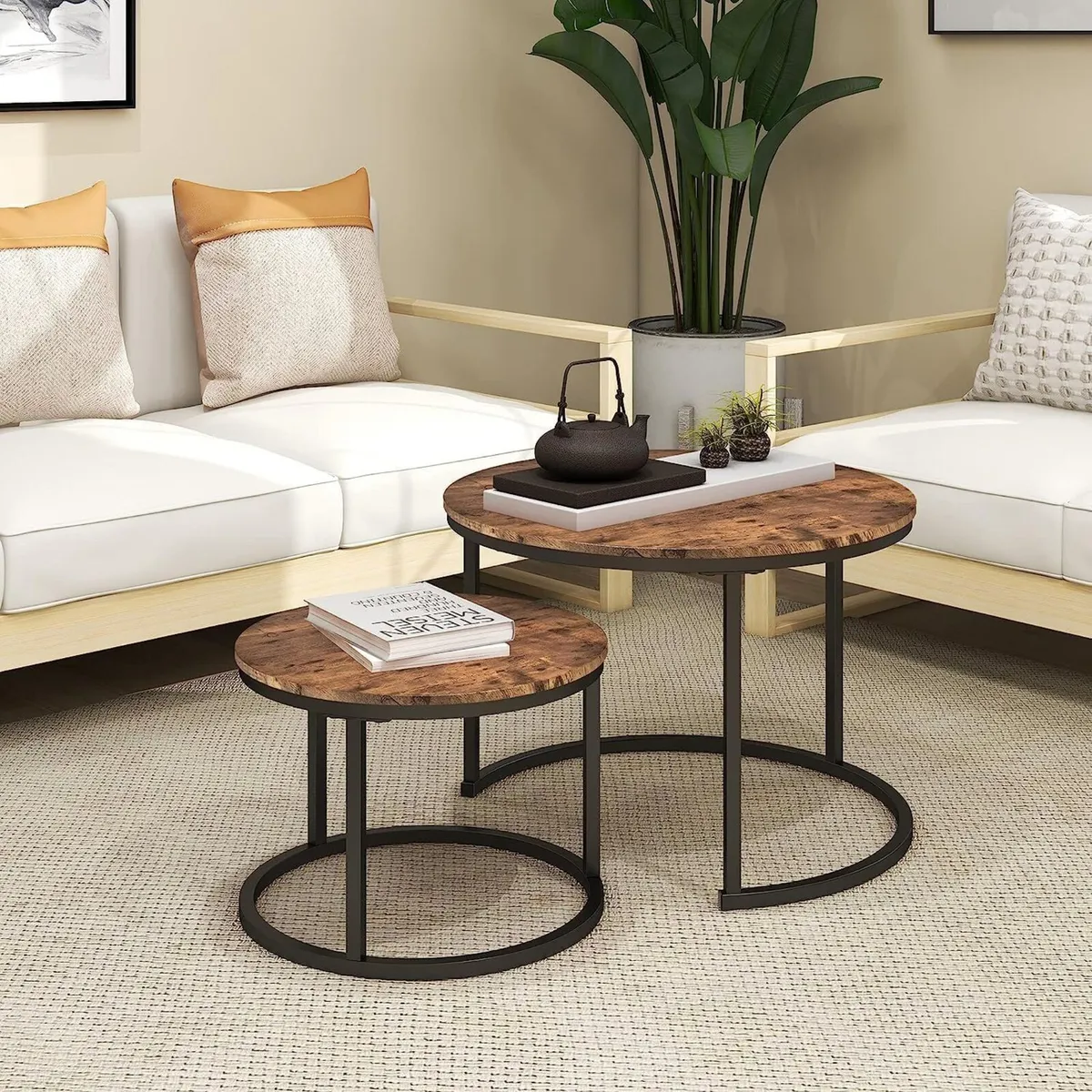 Round Coffee Table Side Nesting with Steel Frame - Image 1