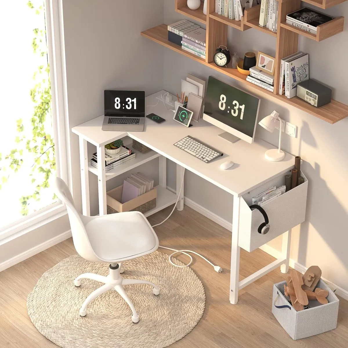 L Shaped Computer Desk with Power Outlet Shelves - Image 2
