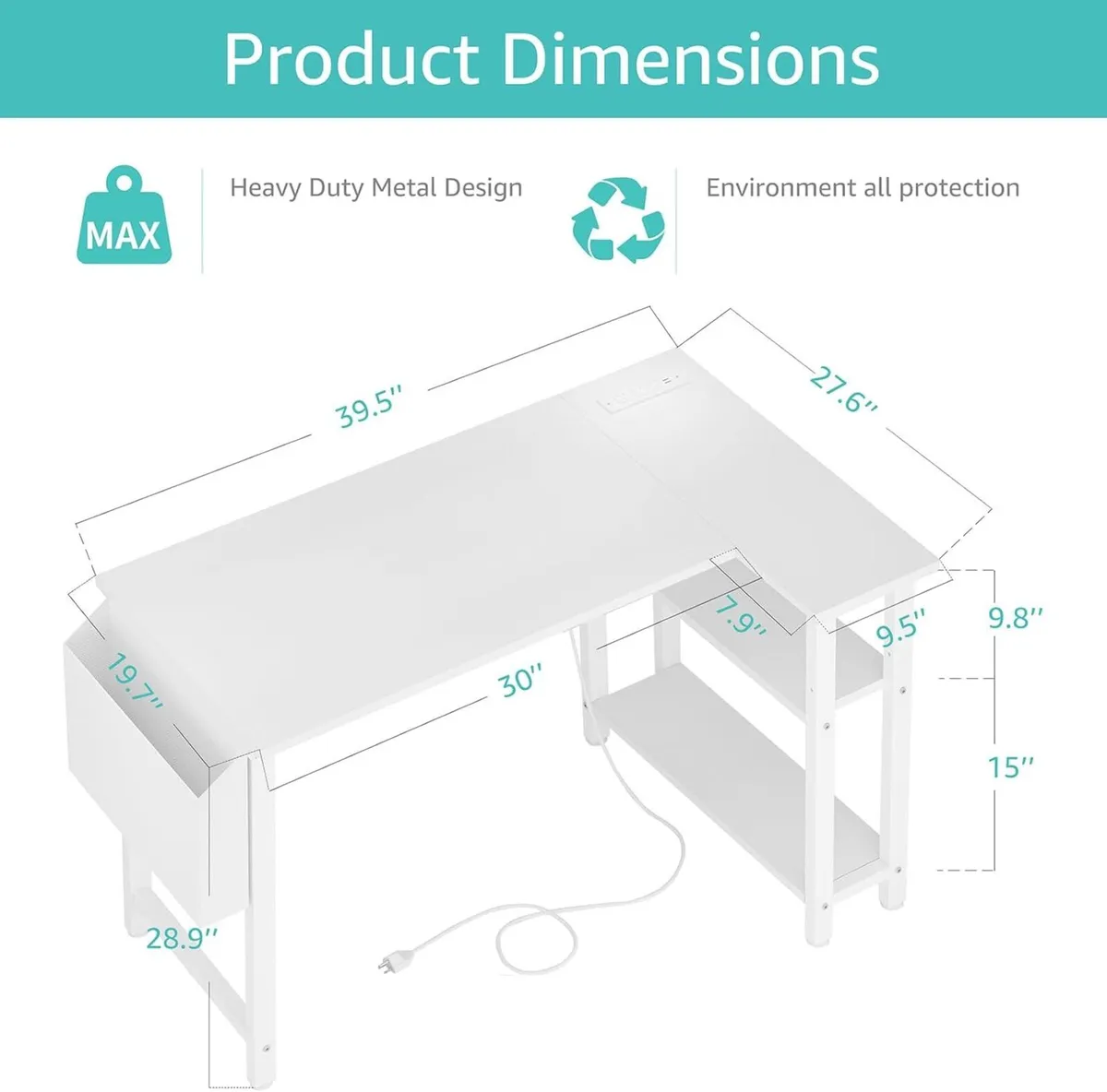 L Shaped Computer Desk with Power Outlet Shelves - Image 3