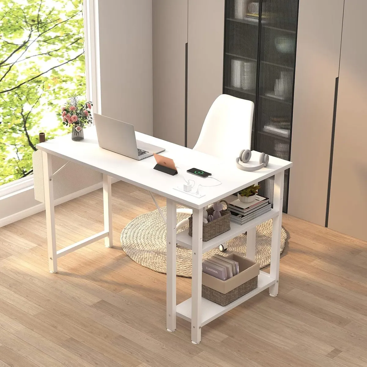 L Shaped Computer Desk with Power Outlet Shelves - Image 4