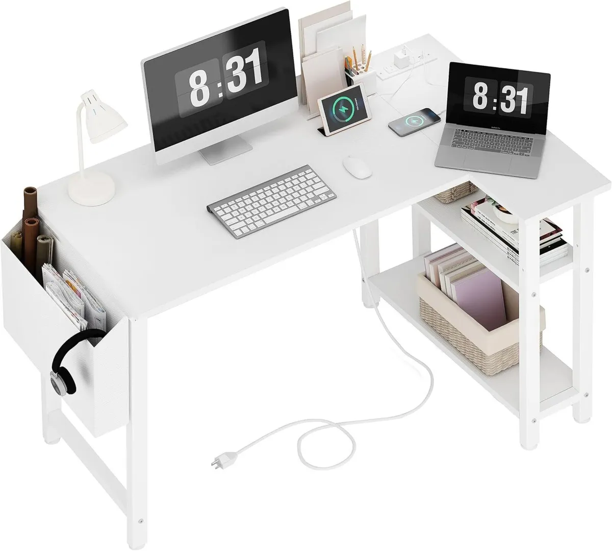 L Shaped Computer Desk with Power Outlet Shelves - Image 1