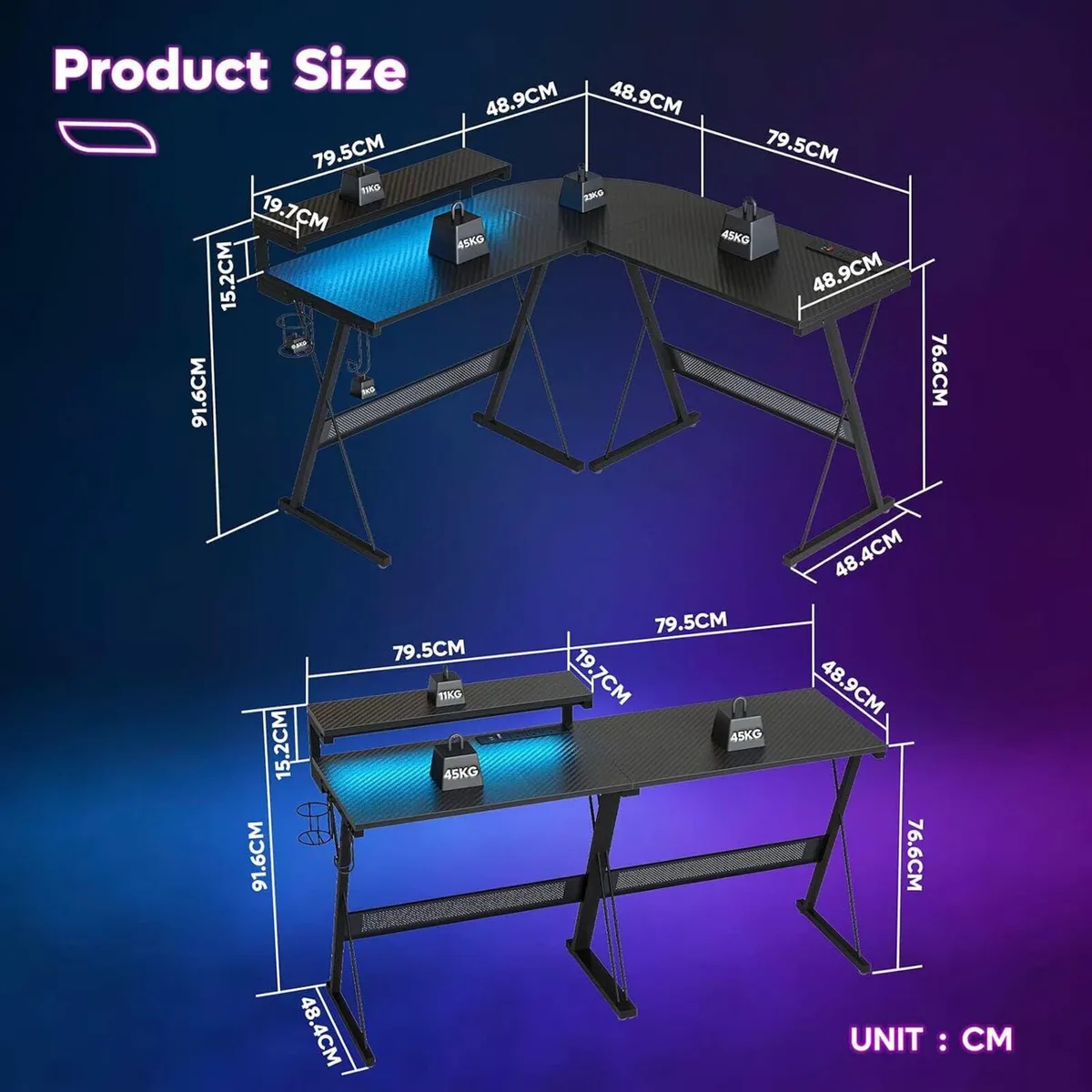 L Shaped Gaming Desk Computer with LED Lights - Image 3