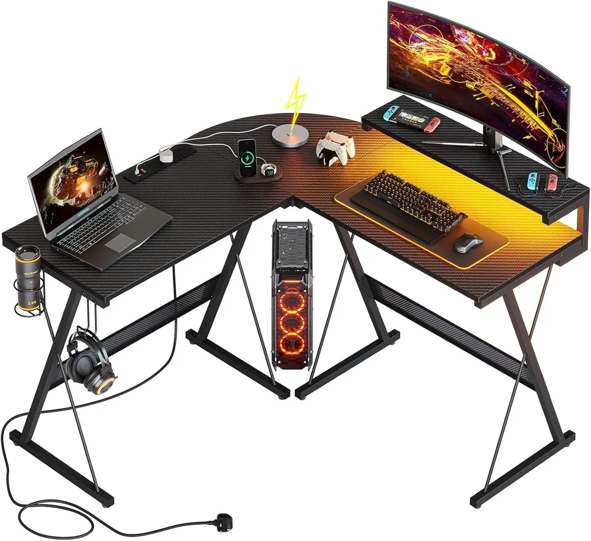 L Shaped Gaming Desk Computer with LED Lights - Image 1