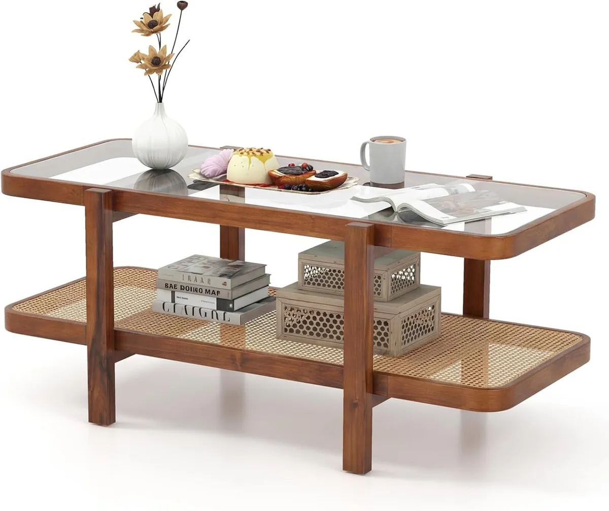 Coffee Table 2-Tier Tempered Glass Tea with Acacia - Image 1