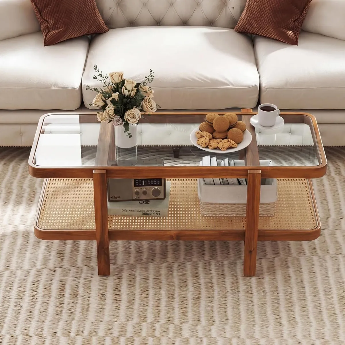 Coffee Table 2-Tier Tempered Glass Tea with Acacia - Image 2