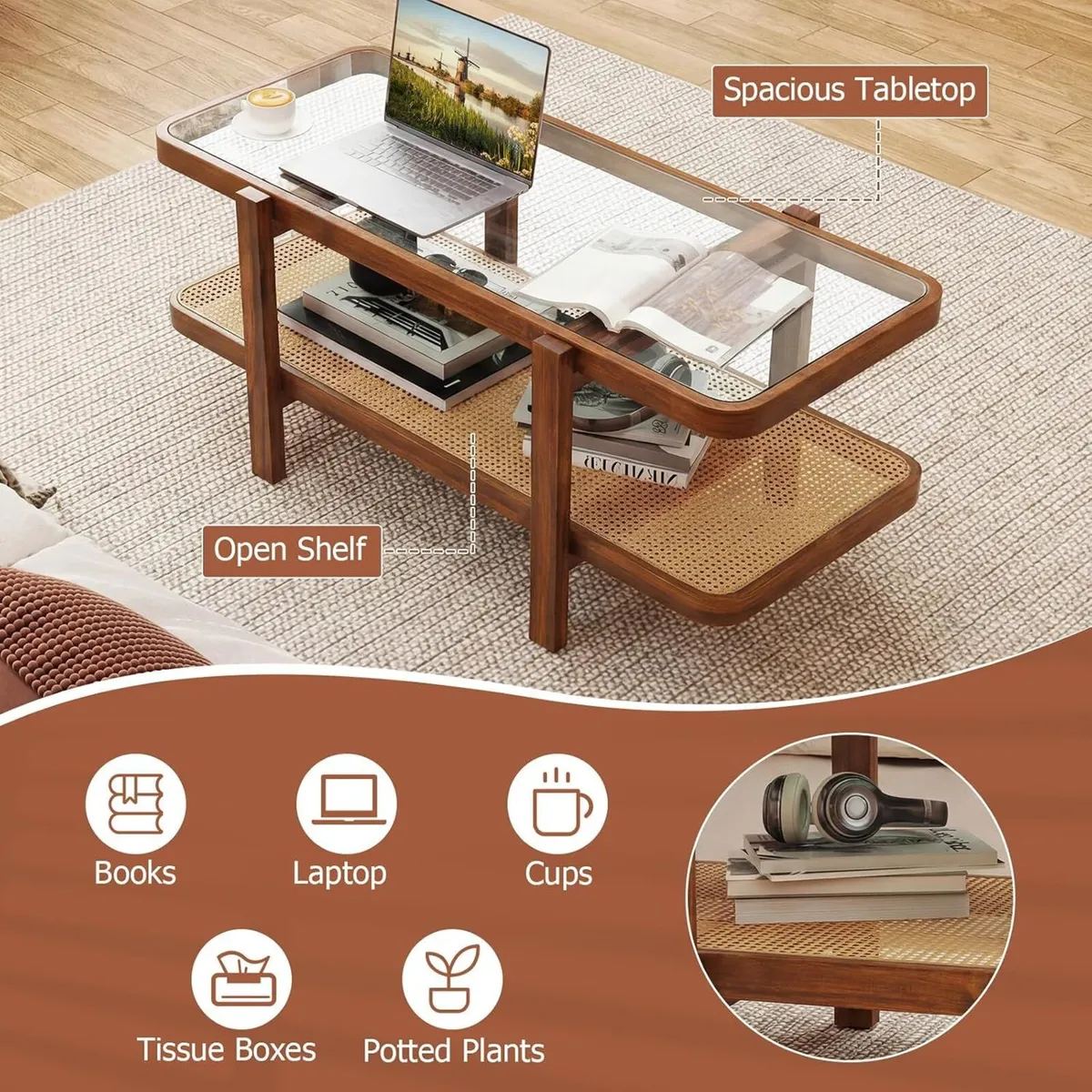 Coffee Table 2-Tier Tempered Glass Tea with Acacia - Image 4