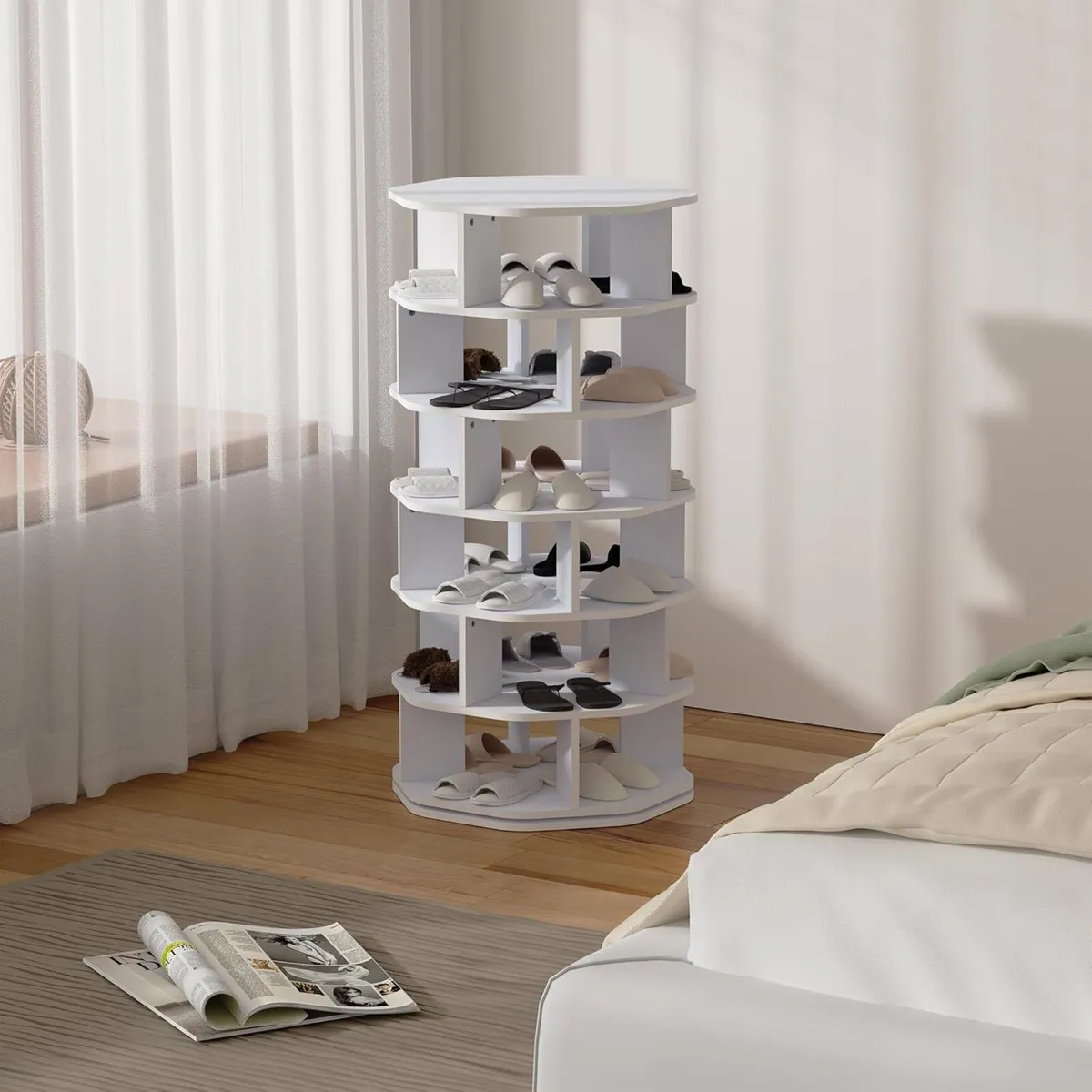 6 Tiers Rotating Shoe Rack Wood Spinning Display - Image 3