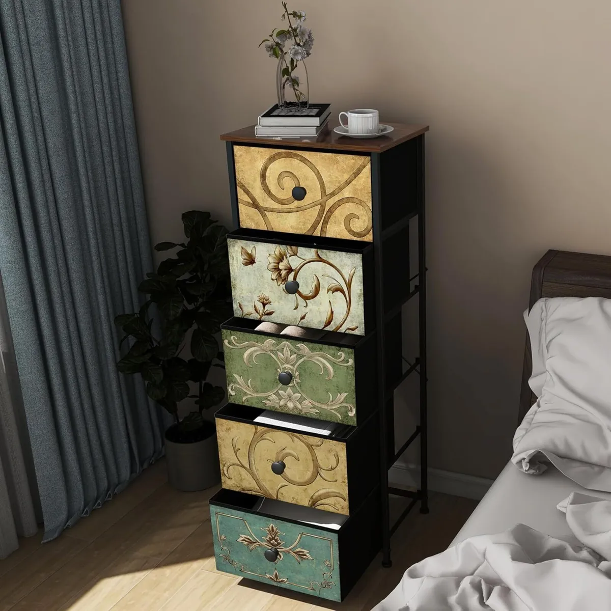 Narrow Tall Chest of Drawers 5 Fabric Drawer - Image 2