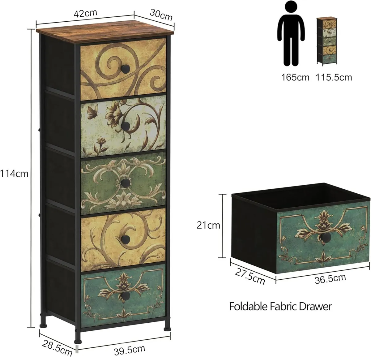 Narrow Tall Chest of Drawers 5 Fabric Drawer - Image 3