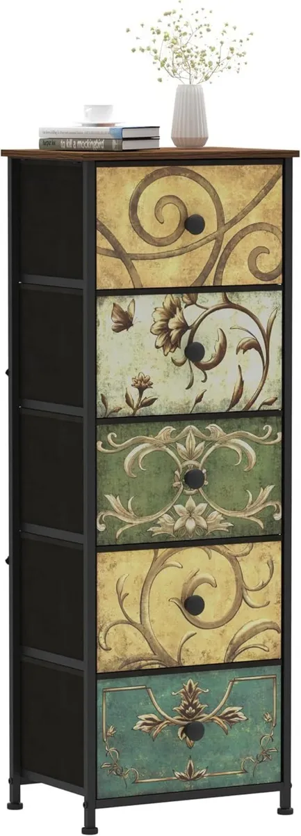 Narrow Tall Chest of Drawers 5 Fabric Drawer - Image 1