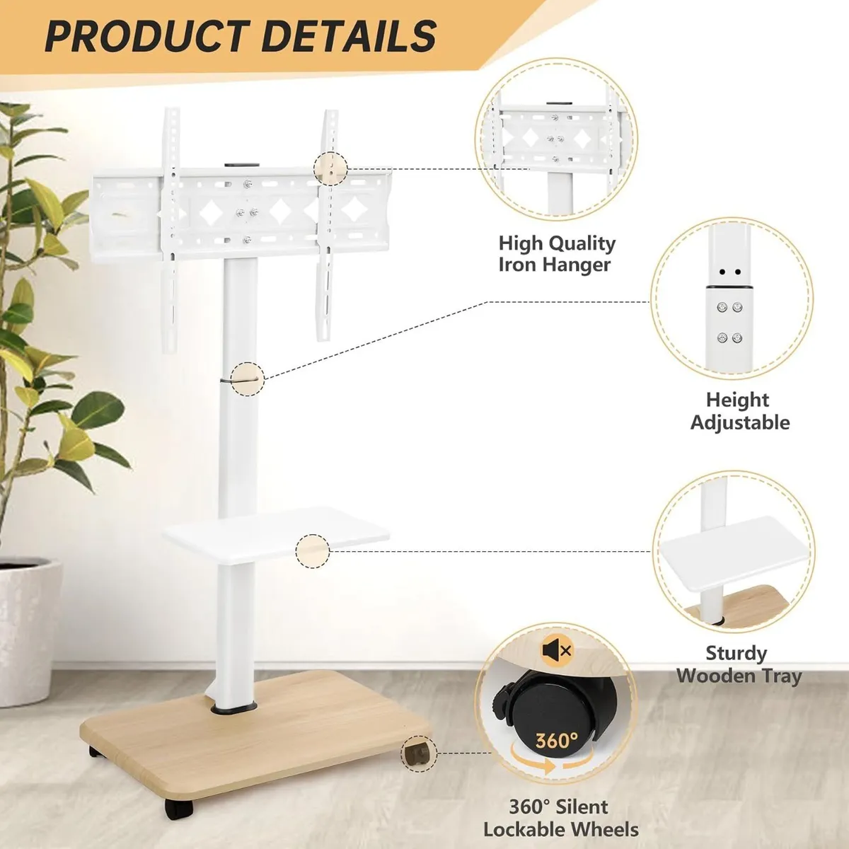 Rolling TV Stand for 32-70 Inch Flat Curved - Image 3