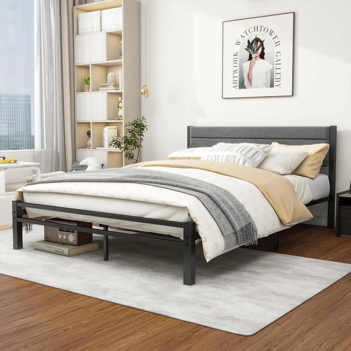 Bed Frame with Storage Upholstered Metal Slats - Image 3