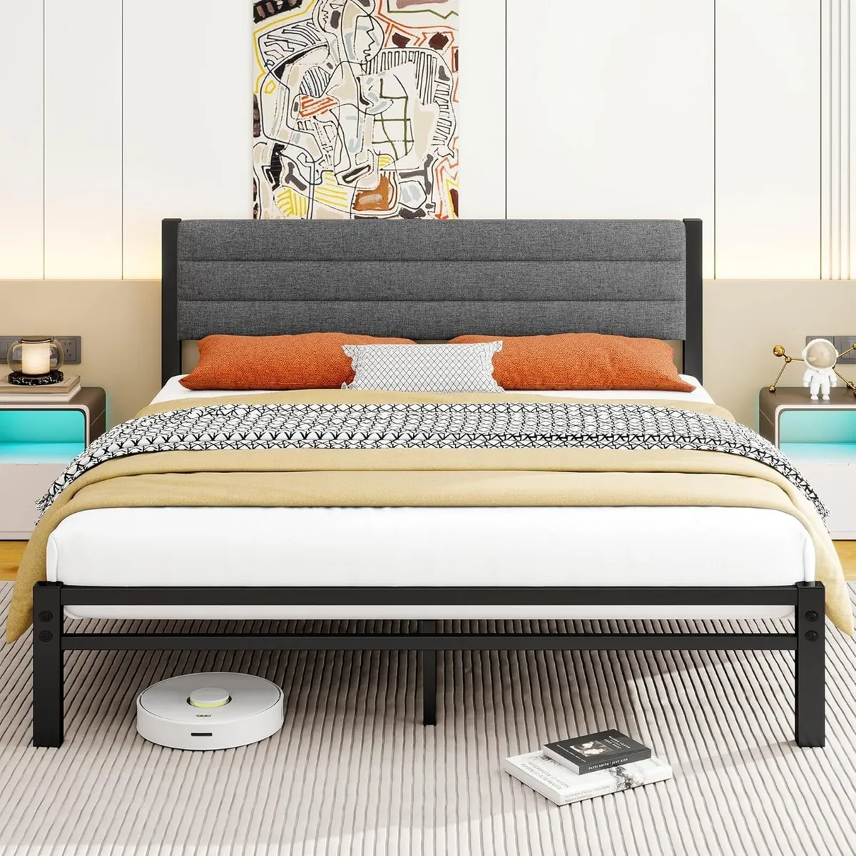 Bed Frame with Storage Upholstered Metal Slats - Image 1