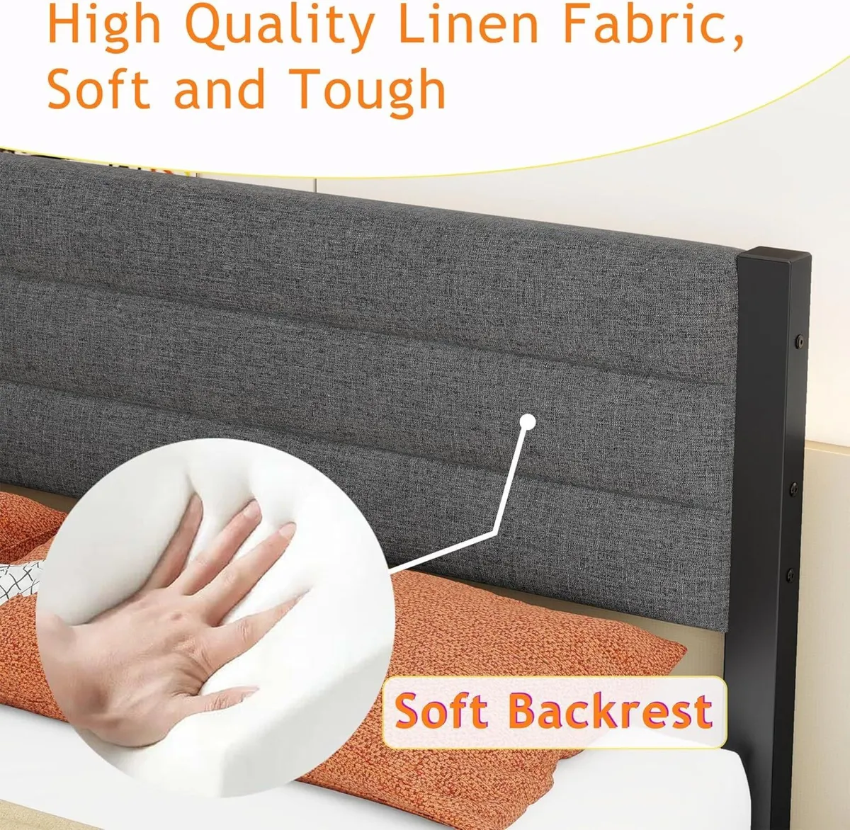 Bed Frame with Storage Upholstered Metal Slats - Image 4
