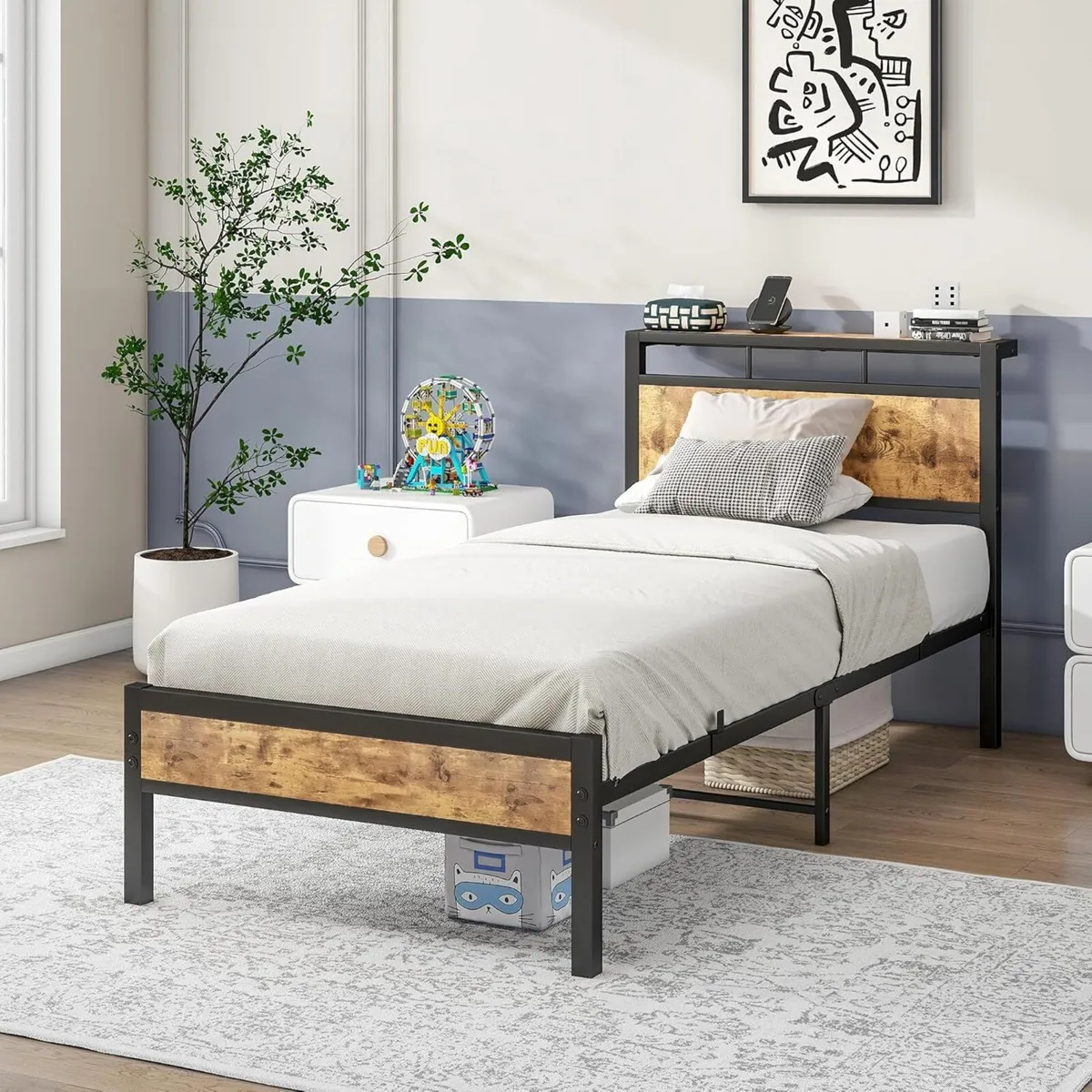 Bed Frame Wooden Storage Shelf Headboard Metal - Image 1