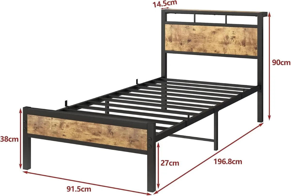 Bed Frame Wooden Storage Shelf Headboard Metal - Image 2