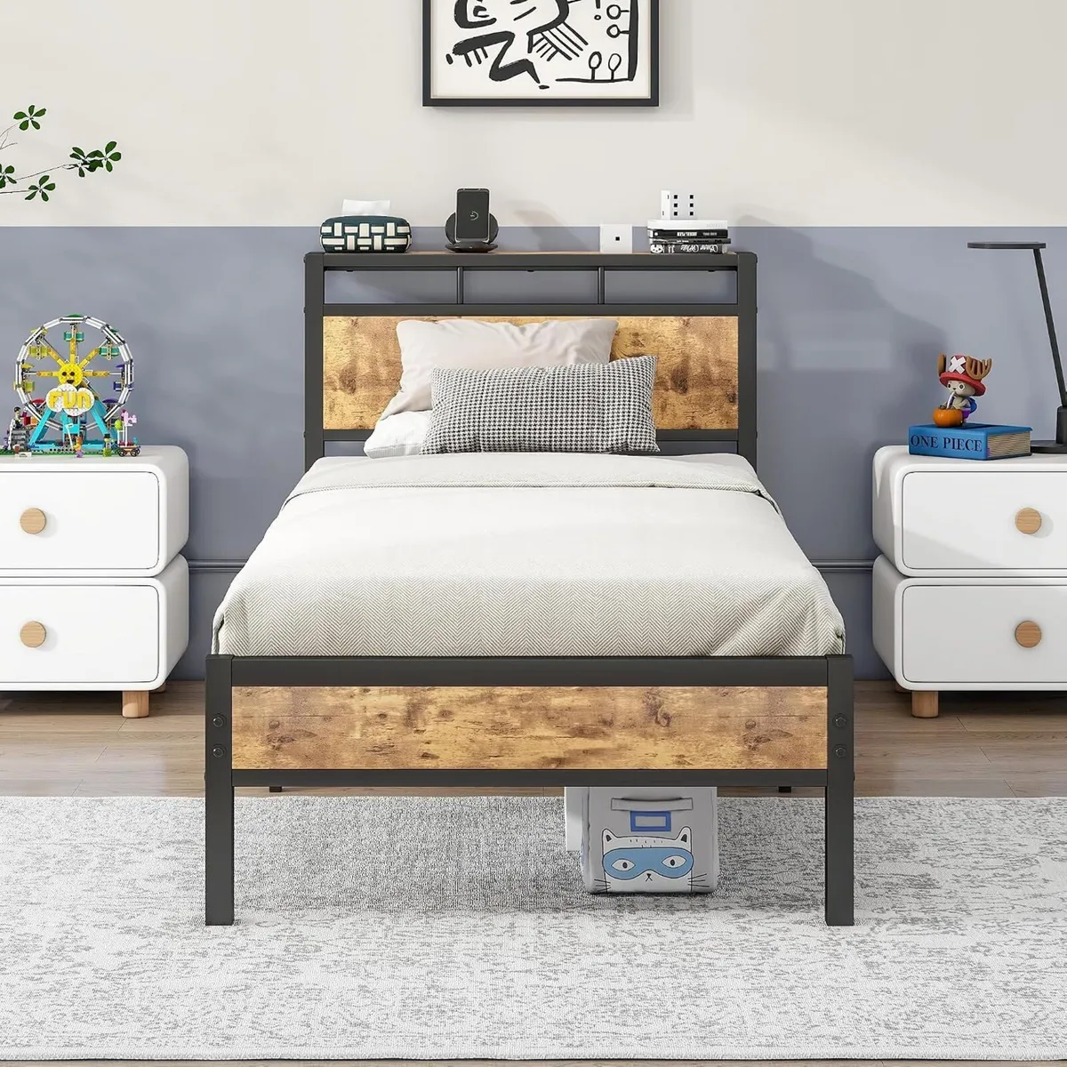 Bed Frame Wooden Storage Shelf Headboard Metal - Image 3
