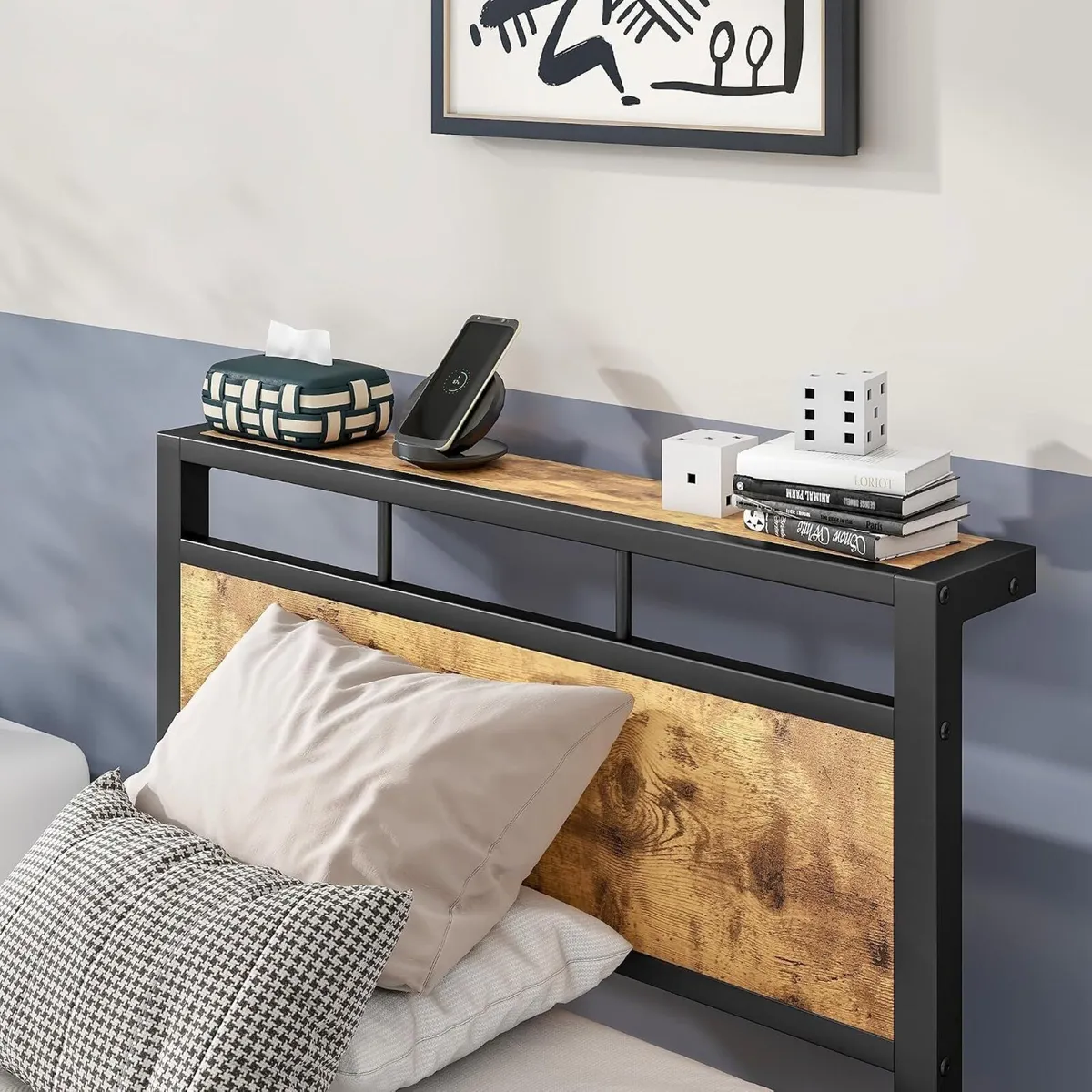 Bed Frame Wooden Storage Shelf Headboard Metal - Image 4
