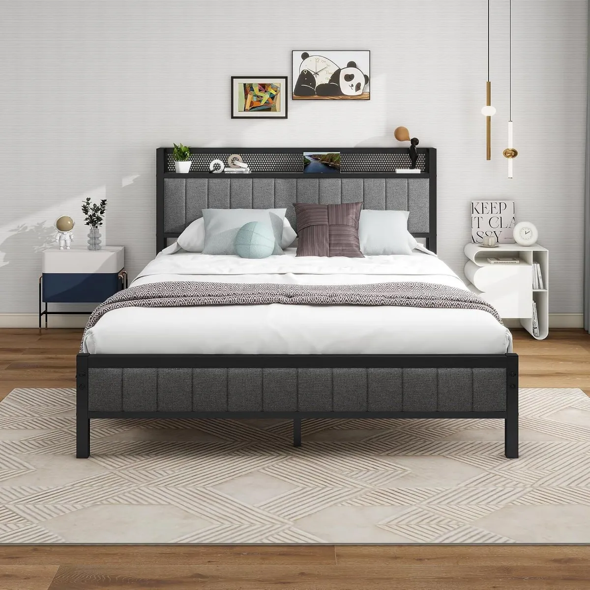 Bed Frame with Storage Headboard Upholstered - Image 1