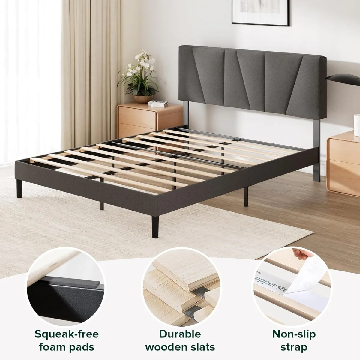 Upholstered Bed Frame with Headboard Fabric - Image 3