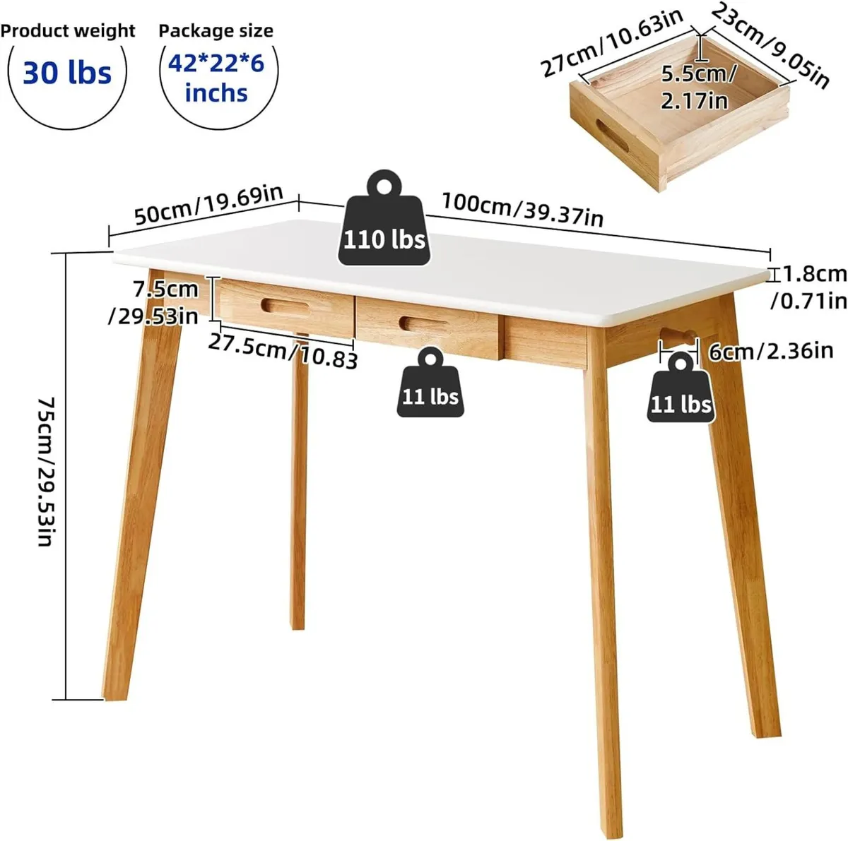 Small Computer Table Wood Writing Desk with Drawer - Image 3