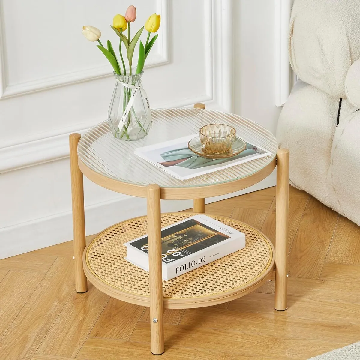 Boho Rattan Coffee Table Round Glass Metal Centre - Image 1