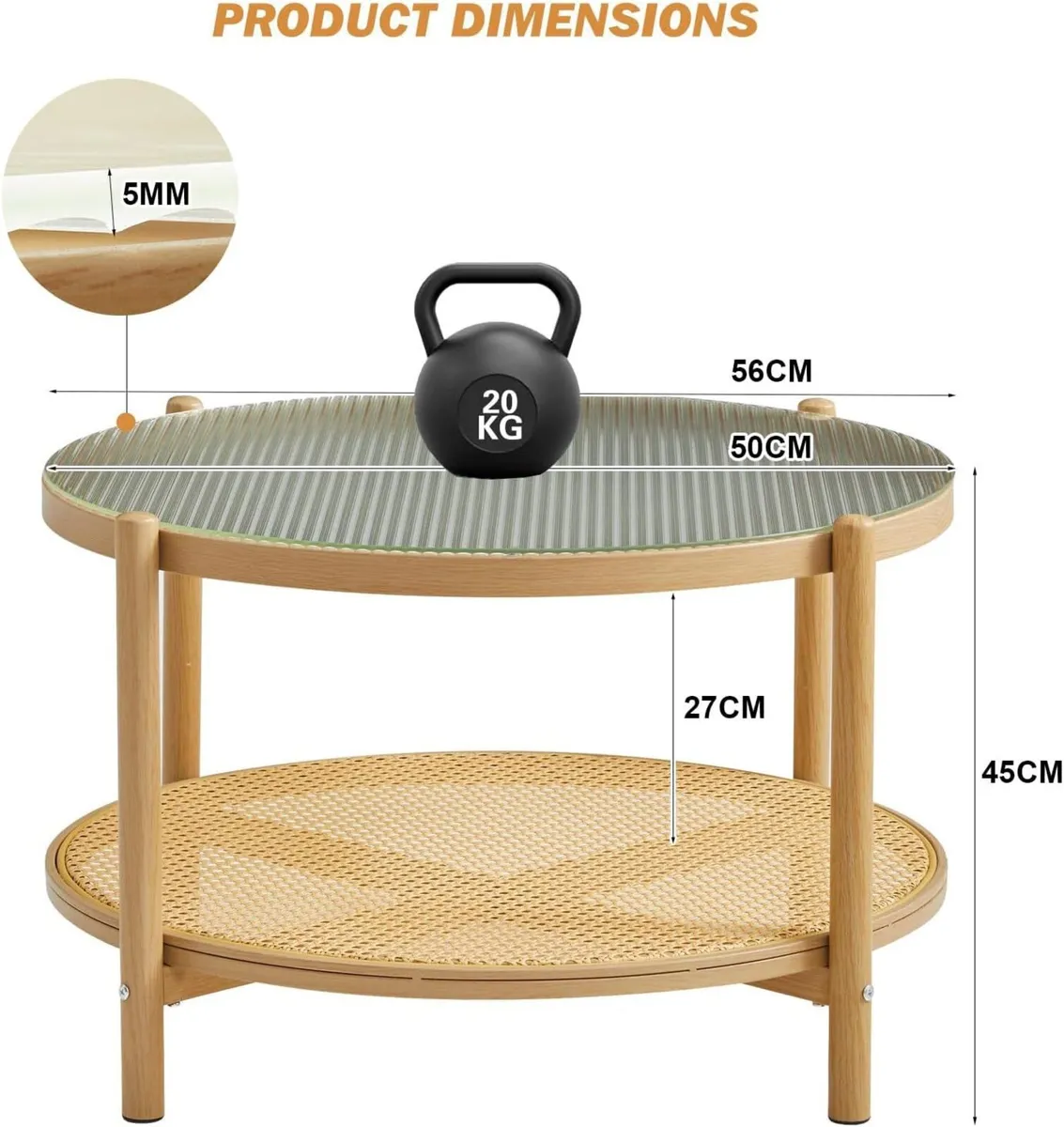 Boho Rattan Coffee Table Round Glass Metal Centre - Image 2