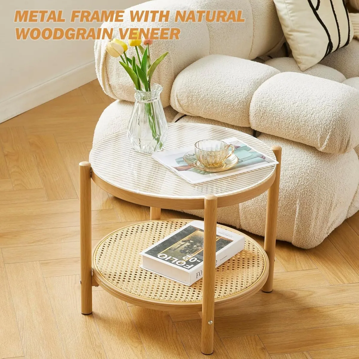 Boho Rattan Coffee Table Round Glass Metal Centre - Image 4