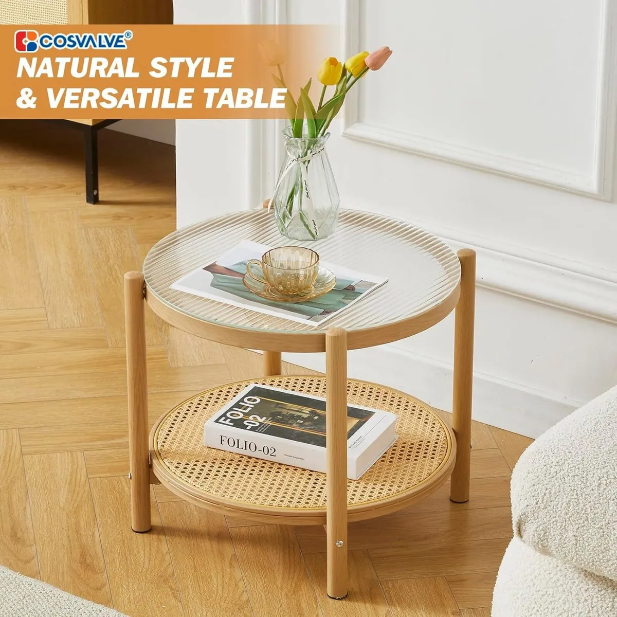 Boho Rattan Coffee Table Round Glass Metal Centre - Image 3