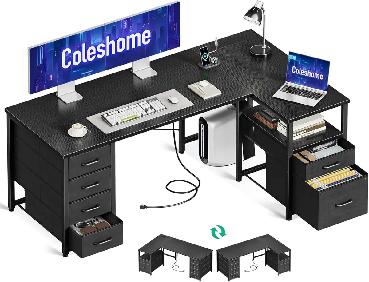 L Shaped Computer Desk with 6 Drawers Power - Image 1