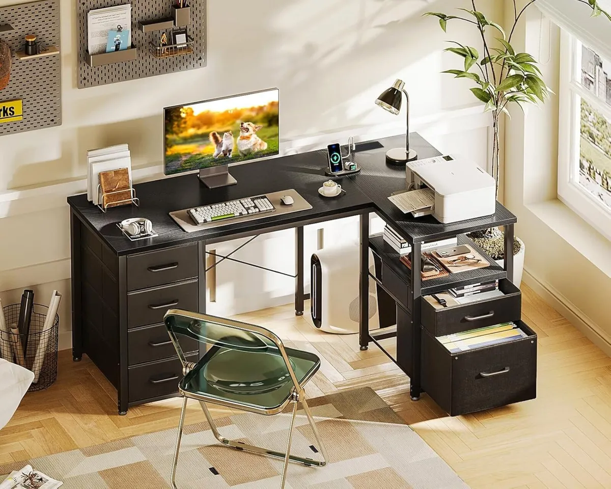 L Shaped Computer Desk with 6 Drawers Power - Image 2