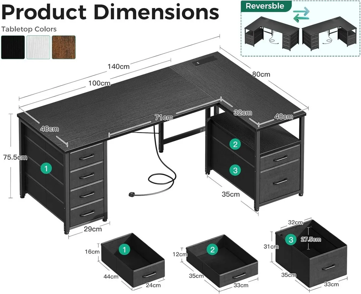 L Shaped Computer Desk with 6 Drawers Power - Image 3