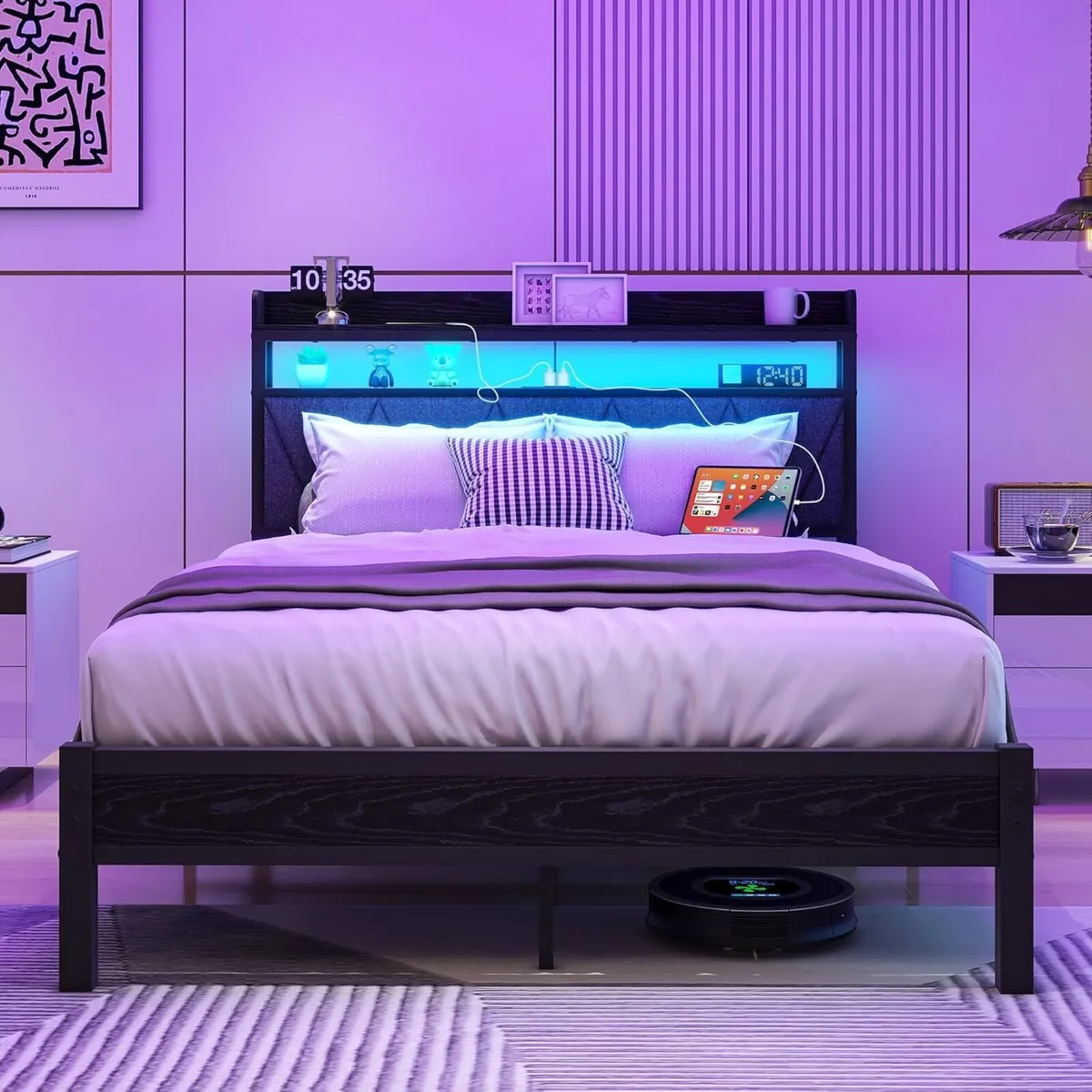 Bed Frame with LED Lights Storage Upholstered - Image 1