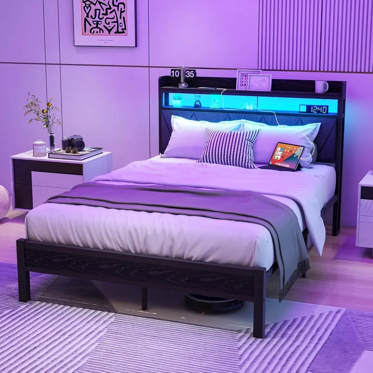 Bed Frame with LED Lights Storage Upholstered - Image 3
