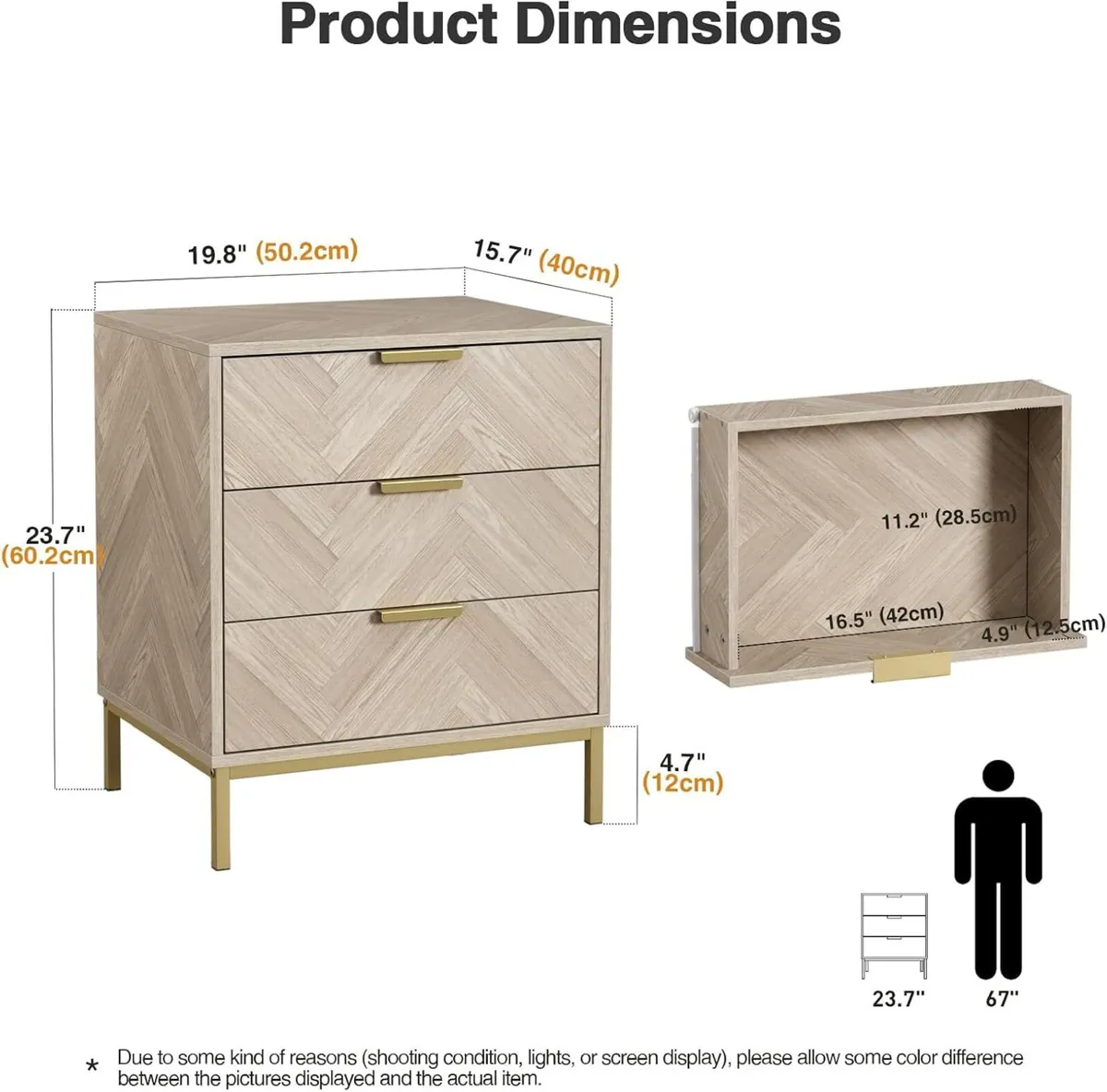 Herringbone 3 Drawer Bedside Table Wooden Cabinet - Image 2