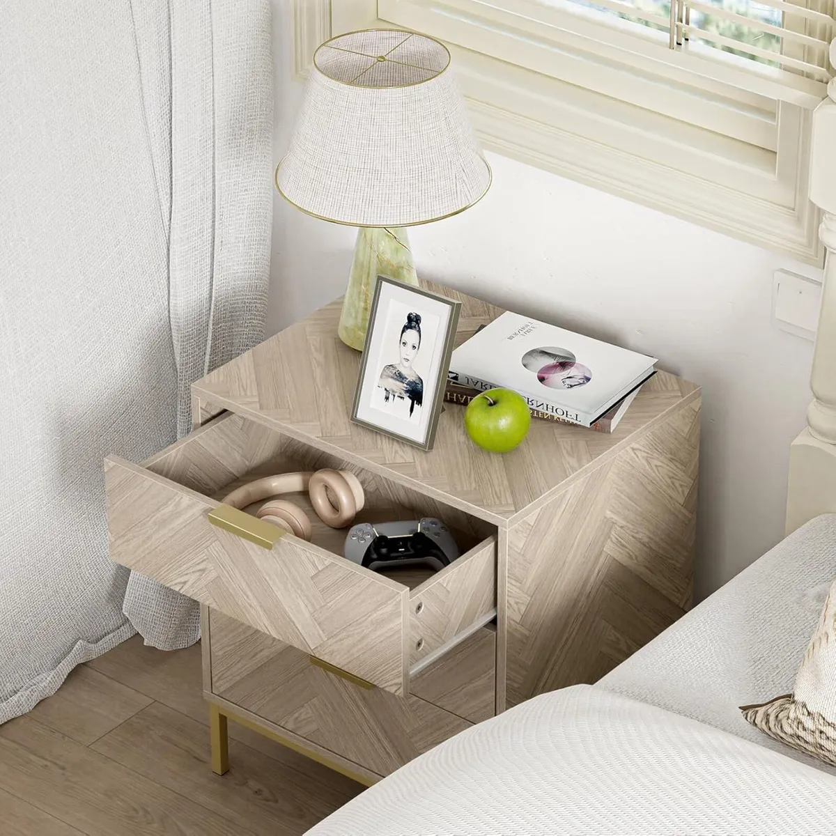 Herringbone 3 Drawer Bedside Table Wooden Cabinet - Image 4