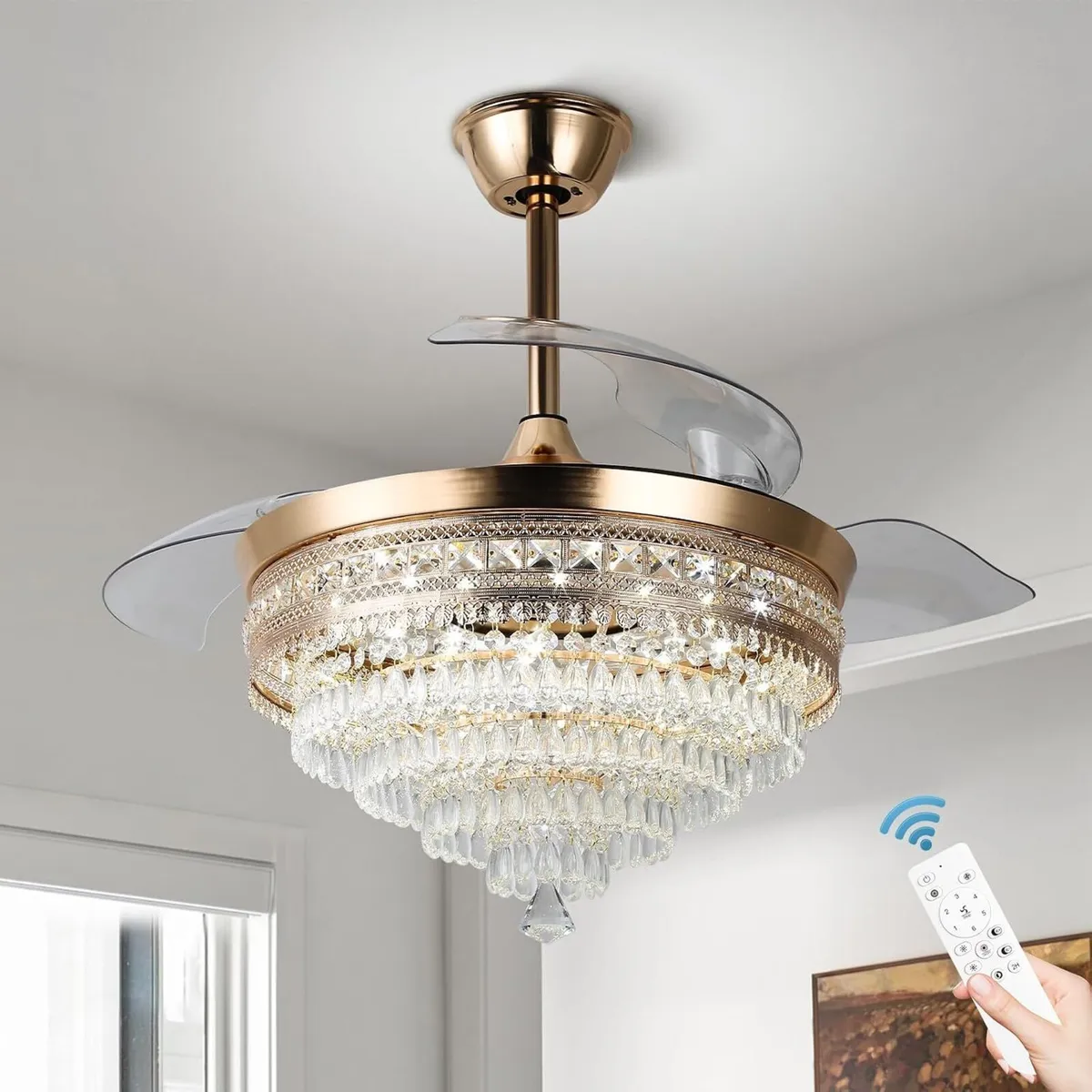 42 Inch Crystal Ceiling Fan with Light Dimmable - Image 1