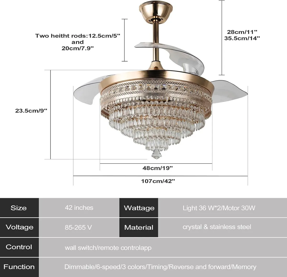 42 Inch Crystal Ceiling Fan with Light Dimmable - Image 3