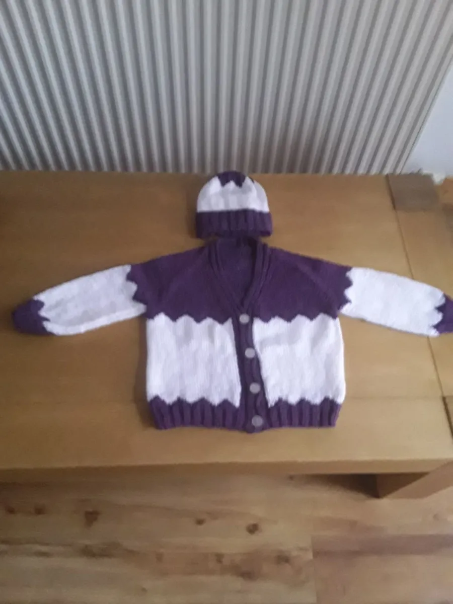 Brand new hand knitted purple and white baby Cardi - Image 1