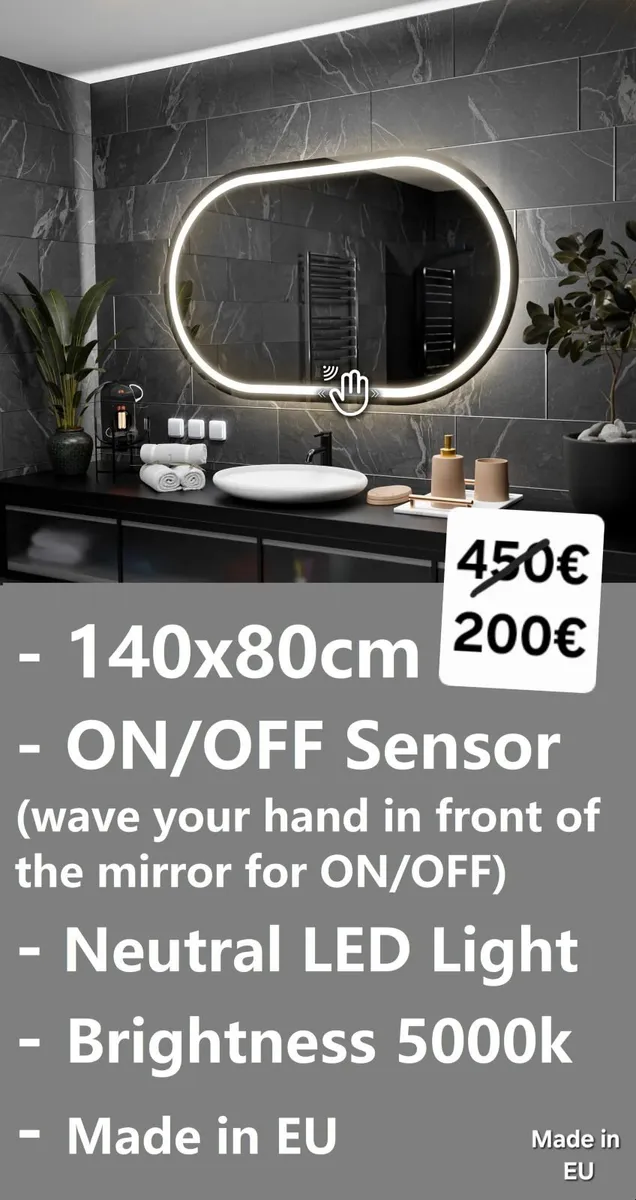 LED Bathroom Mirror 140x80cm Sensor Neutral Light - Image 2