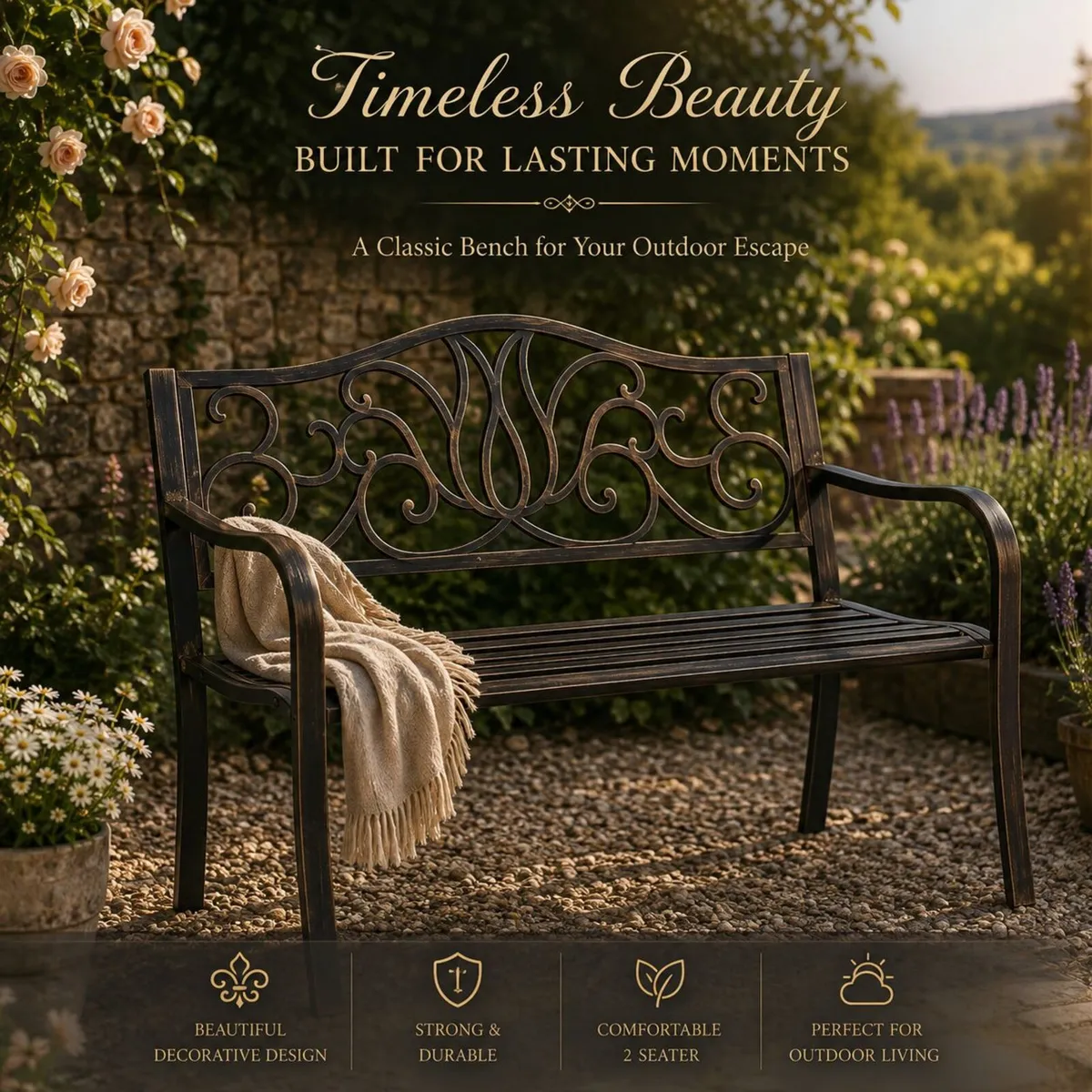 Black Bronze Metal Garden Bench 2 Seater Outdoor - Image 1