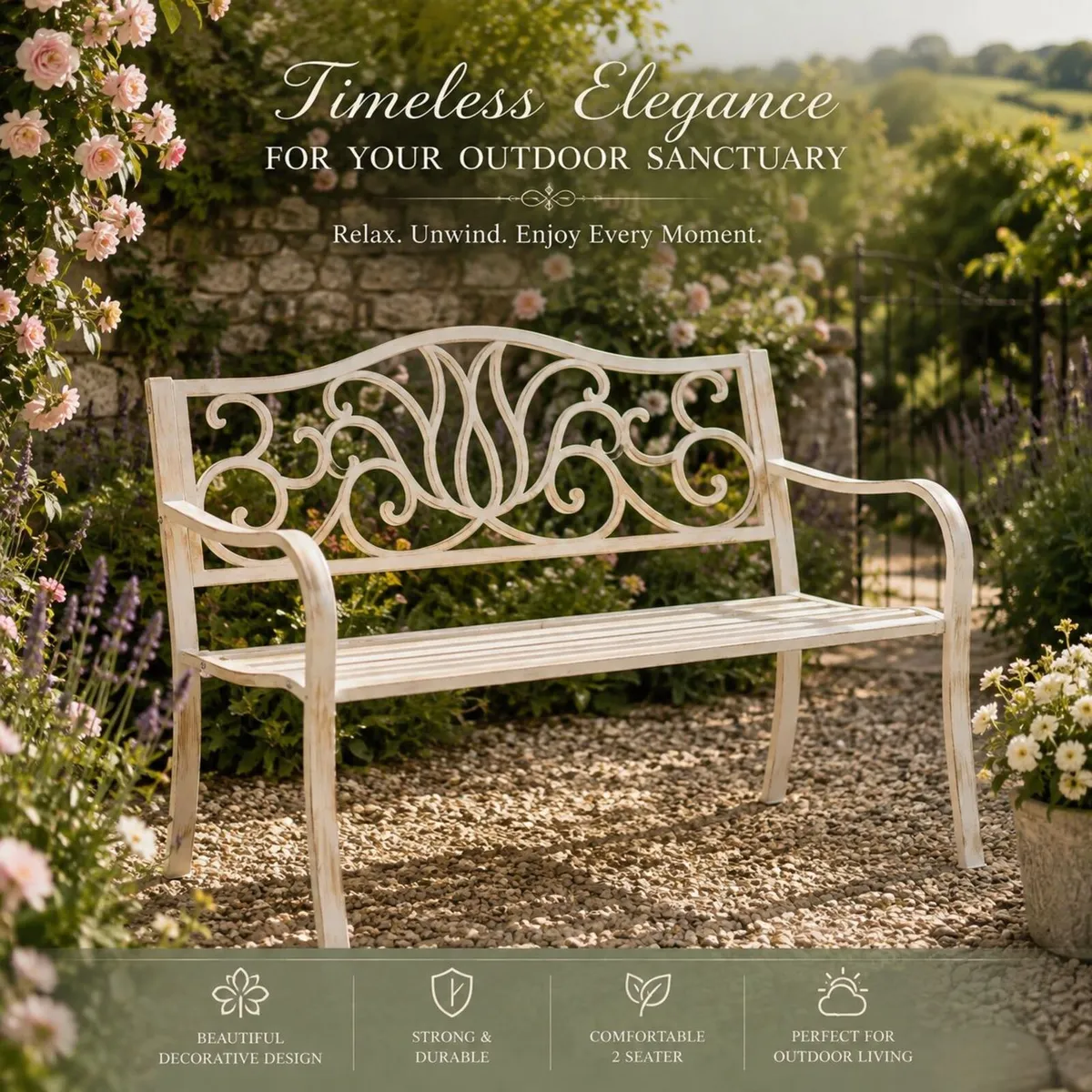 Antique White 2 Seater Metal Garden Bench with Dec - Image 1