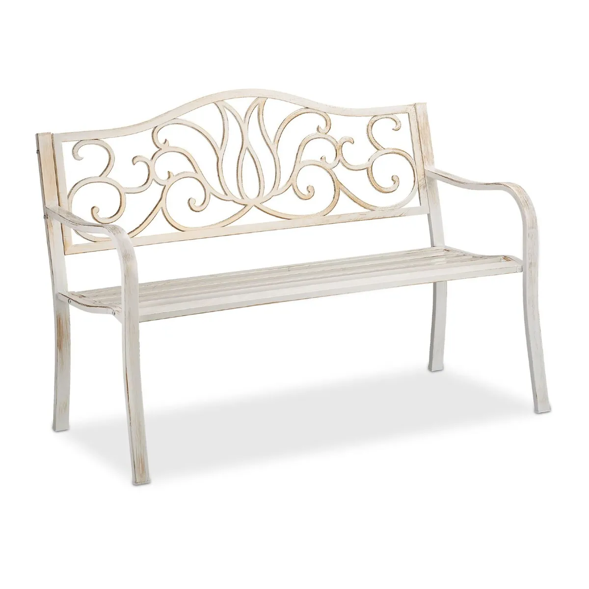 Antique White 2 Seater Metal Garden Bench with Dec - Image 3
