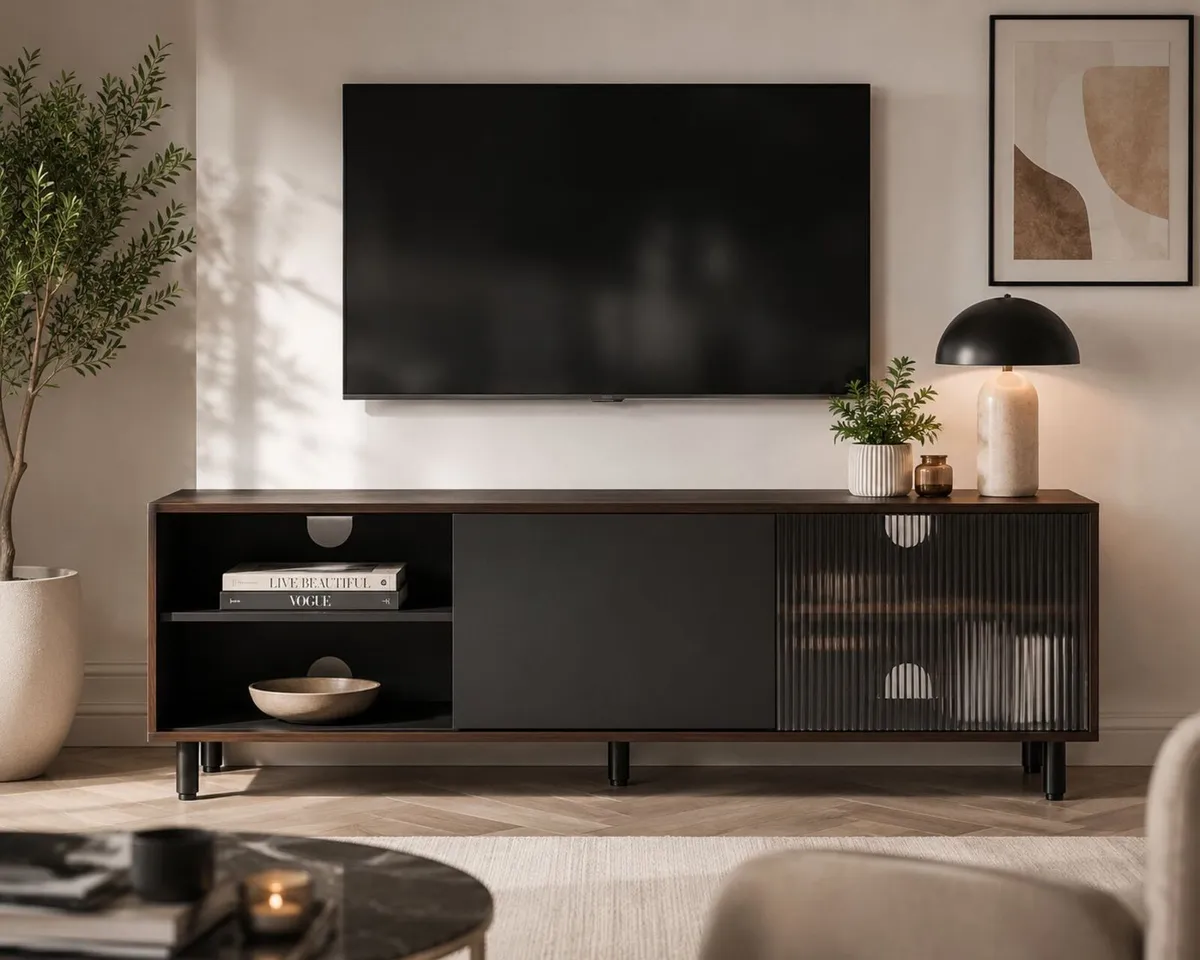 Modern TV Stand 140cm Fluted Glass Storage Cabinet - Image 2