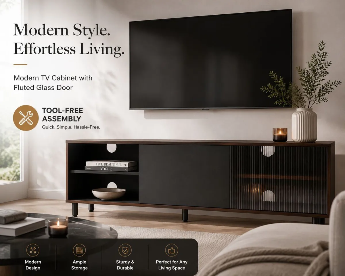 Modern TV Stand 140cm Fluted Glass Storage Cabinet - Image 1