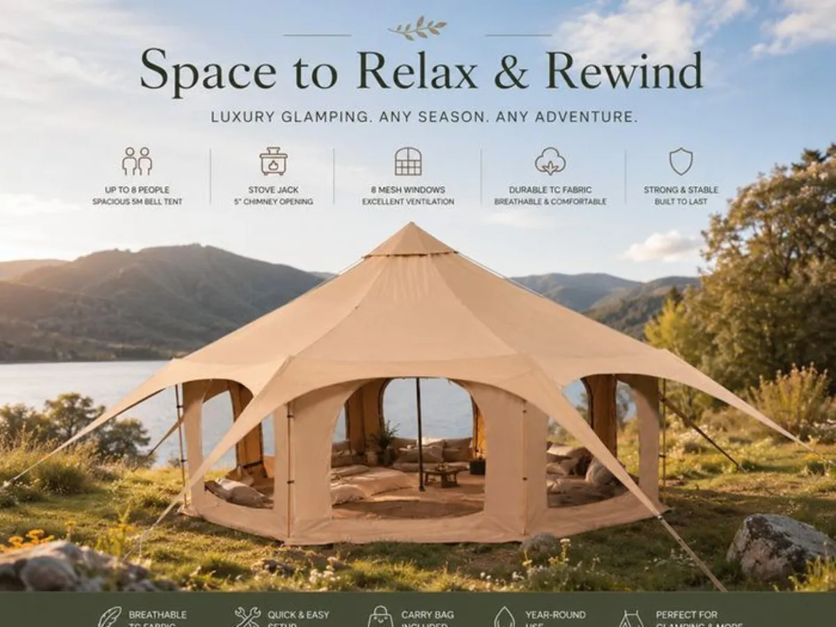 5m Canvas Bell Tent Luxury Glamping Tent with Stov - Image 2